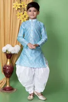 Dupion Silk Embellished Kurta with Dhoti for Boys, Sky Blue & White 
