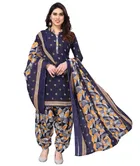 Cotton Blend Block Print Unstitched Suit with Dupatta for Women (Blue)