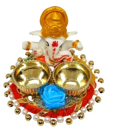 Metal Decorative Ganpati Haldi Kumkum Stand with 2 Roli Chawal Holder, Multicolor