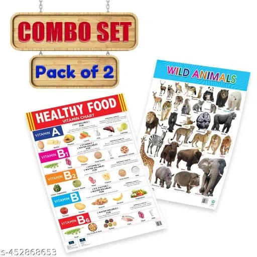 Bookford Publications Both Sides Big Laminated Charts – Healthy Food & Wild Animals (Set of 2) | Educational Wall Charts for Kids | Nutrition Awareness & Wildlife Learning Charts | Durable, Reusable & Classroom-Friendly Learning Aids
