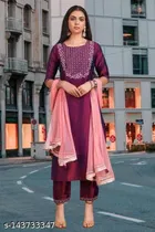 Viscose Rayon Embroidered Kurta with Pant & Dupatta for Women 