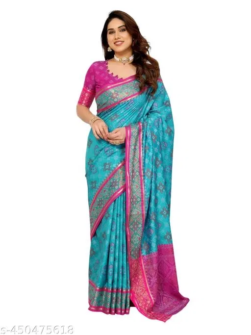 Ajrak Patola Soft Litchi Silk Kanjivaram Banarasi Silk Saree for Women (Blue)