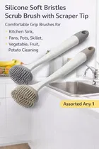 Silicone Soft Bristles Scrub Brush with Scraper Tip, Comfortable Grip Brushes for Kitchen Sink, Pans, Pots, Skillet, Vegetable, Fruit, Potato Cleaning 