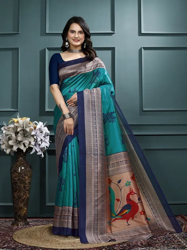 Mysore Silk Printed Saree for Women (Teal, 6.3 m)
