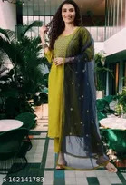 Cotton Blend Embroidered Kurta with Pant & Dupatta for Women 