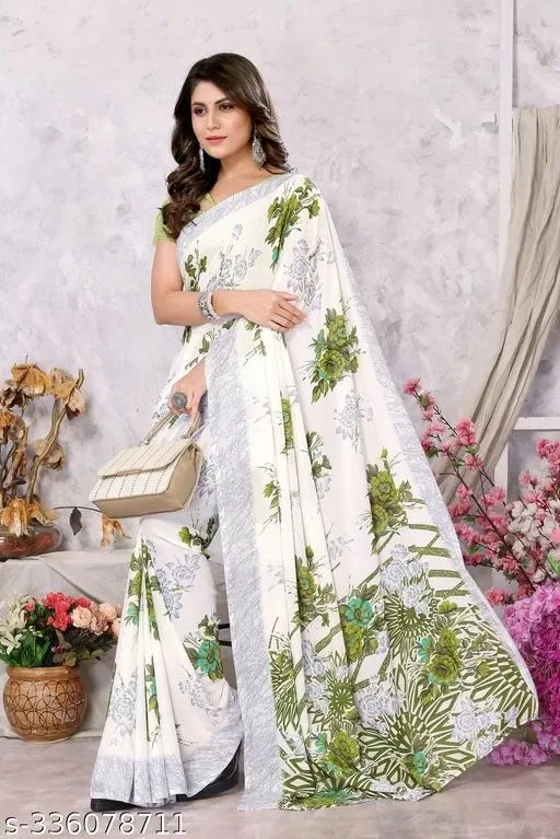 Georgette Saree for Women (White & Green, Free Size)