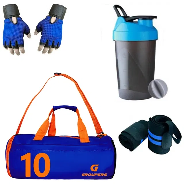 Polyester Printed Gym Bag with 2 Pcs Wristband, Gloves & Shaker Bottle (400 ml) for Men & Women (Multicolor, Set of 1)