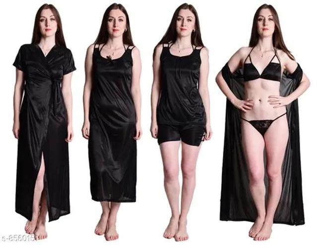 Satin Nightdress Set for Women (Black, Free Size)
