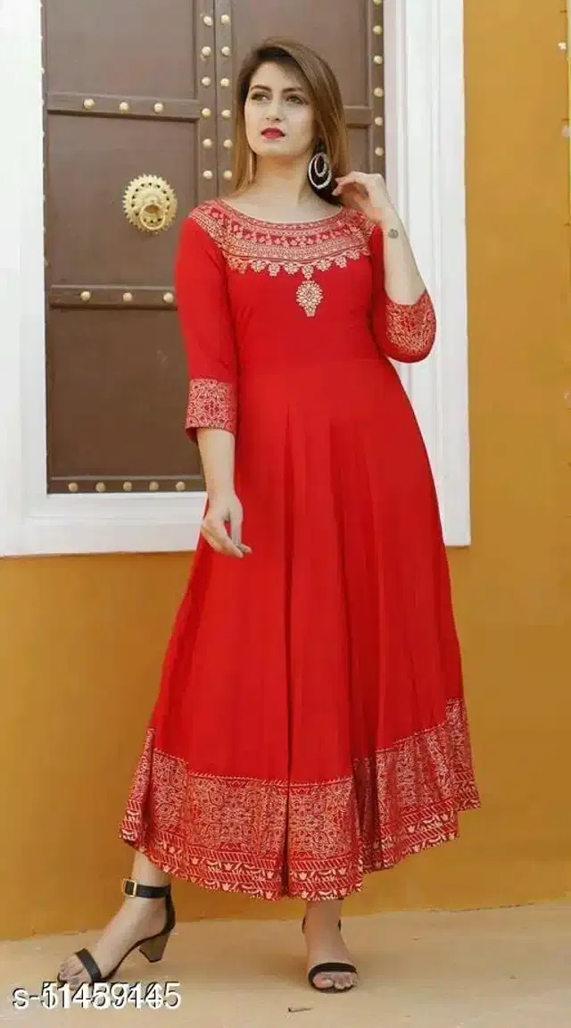 Rayon Printed Kurti for Women (Red, XL)