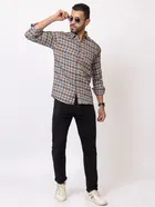 Cotton Blend Checkered Shirt for Men, Brown 