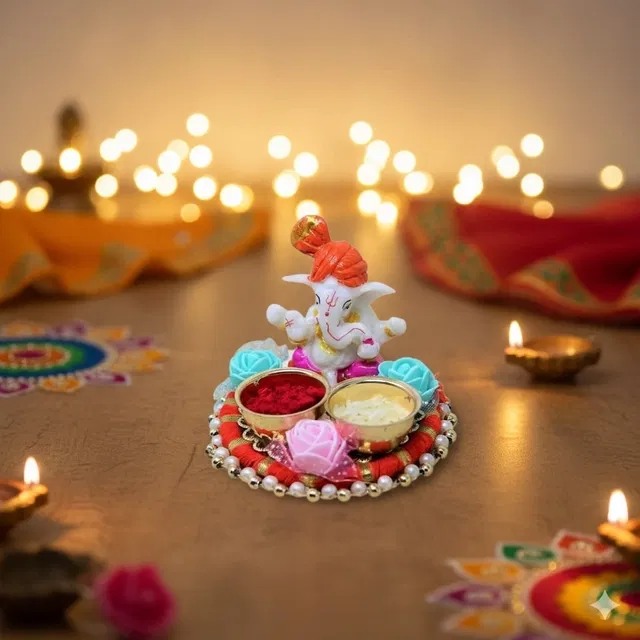 Metal Decoretive Pooja Thali, Multicolour Pack of 1
