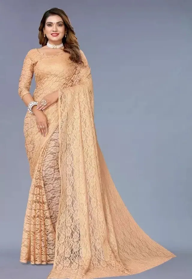 Net Floral Saree for Women (Cream, 6.3 m)