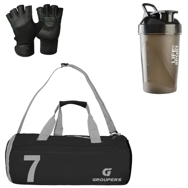 Polyester Printed Gym Bag with Gloves & Shaker Bottle (400 ml) for Men & Women (Multicolor, Set of 1)