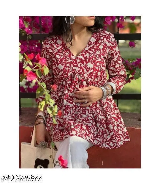 Floral Tops & Tunics for Women (Maroon, XXL)