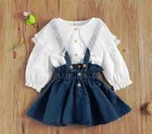 Cotton Blend Solid Dungaree Clothing Set for Girls (White & Navy Blue, 0-1 Years)