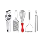 Oc9 Stainless Steel Lemon Squeezer & Cheese Grater & Egg Whisk & Potato Masher & Roti Chimta Kitchen Tool Set 