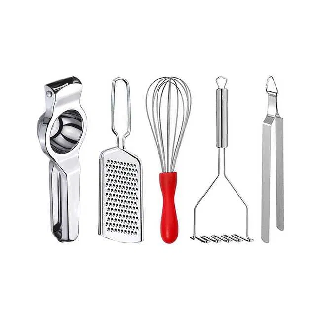Oc9 Stainless Steel Lemon Squeezer & Cheese Grater & Egg Whisk & Potato Masher & Roti Chimta Kitchen Tool Set (O-108)