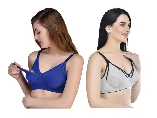 Cotton Blend Solid Non Padded Feeding Bras for Women (Multicolor, 38) (Pack of 2)