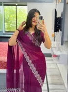 Georgette Solid Saree For Women, Purple