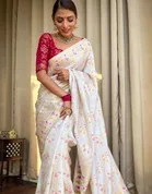 Litchi Silk Woven Design Saree for Women, White 