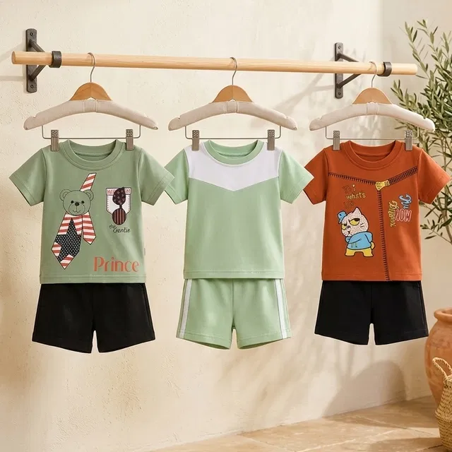 Solid Cotton Blend Top & Bottom Set for Boys (Multicolor, 4-5 YR)