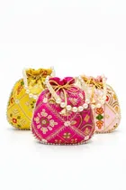 Handcrafted Embroidered Silk Potli Bag, Multicolour, Pack of 3