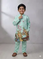 Silk Blend Printed Kurta & Payjama Set For Boys, Green 