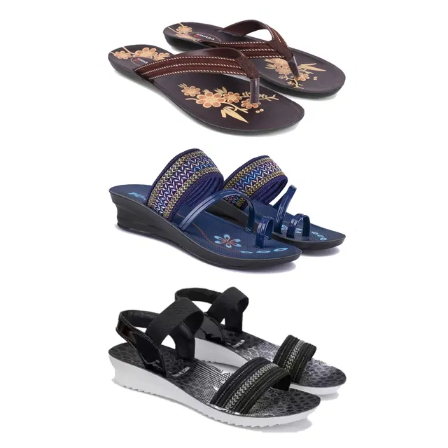 Flats with Heels & Sandals for Women (Multicolor, 5) (Set of 3)