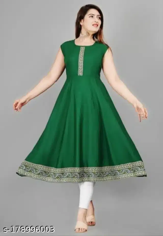 Anarkali Rayon Solid Kurti for Women (Green, XL)