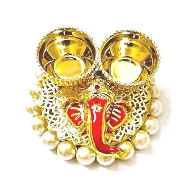 Metal Decorative Ganpati Haldi Kumkum Stand with 2 Roli Chawal Holder, Multicolor