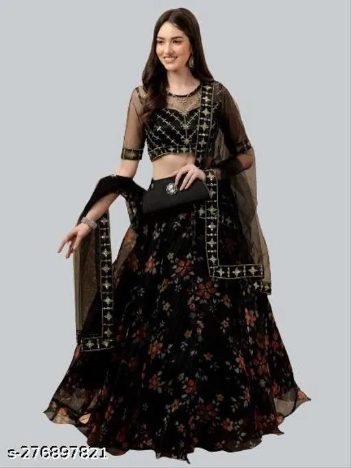 Lehenga Choli for Women (Black, Semi Stitched)