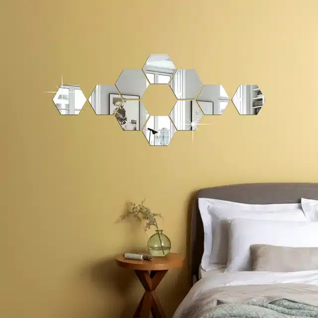 Acrylic Hexagon Shaped Wall Mirror Stickers (Silver, Pack of 10)