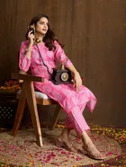 Cotton Blend Printed Kurta with Pant for Women (Pink, S)