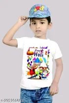 Polyester Holi Print T-shirt For Kids, White 