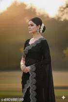 Poly Georgette Solid Saree For Women, Black