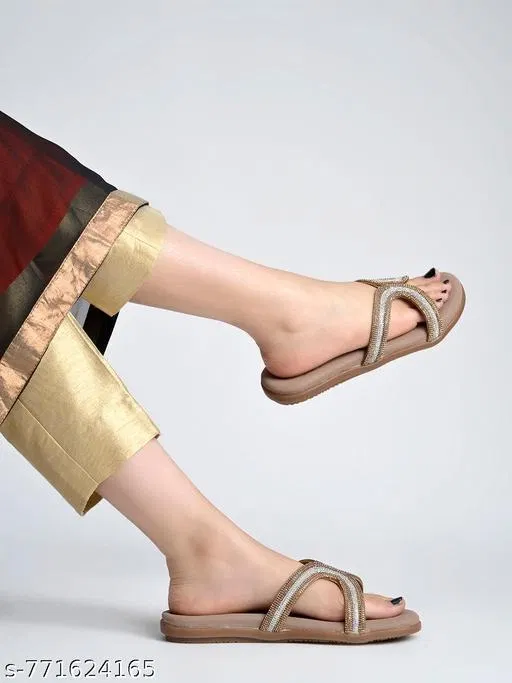 Shoetopia Embellished Flat Sandals (Brown, IND-6)