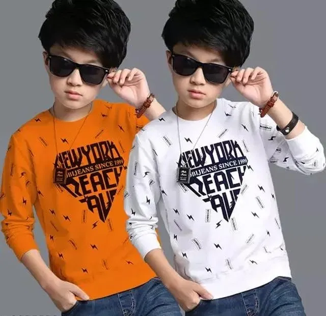 Cotton Blend Round Neck T-Shirts for Boys (White & Orange, 8-9 Years) (Pack of 2)
