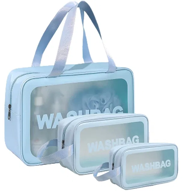 Portable Waterproof Zippered Cosmetic Bags (Blue, Set of 3)