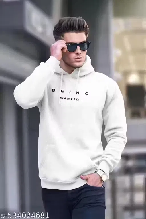 Printed Fleece Hoodie for Men Fleece (White, L)