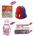 Combo of Kids Cartoon Bag Backpack, All In One Book, Water Bottle & Gift Set Geometry Set 