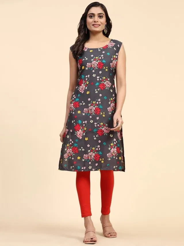 Crepe Printed Kurti for Women (Black & Red, L)