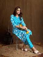 Cotton Blend Striped Kurta with Pant for Women (Sky Blue, S)