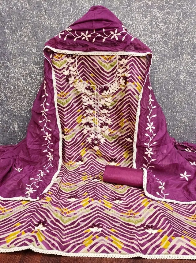 Chanderi Cotton Embroidered Unstitched Suit Fabric, Purple