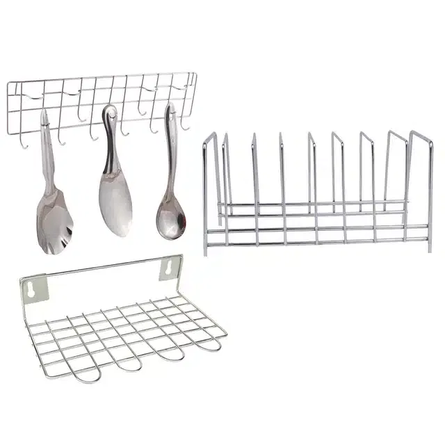 Stainless Steel Plate Stand & Wall Mounted Ladle Rail with Ladle Stand (Set of 3, Silver)