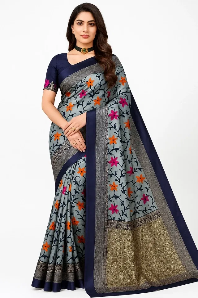 Art Silk Floral Print Saree for Women (Blue)