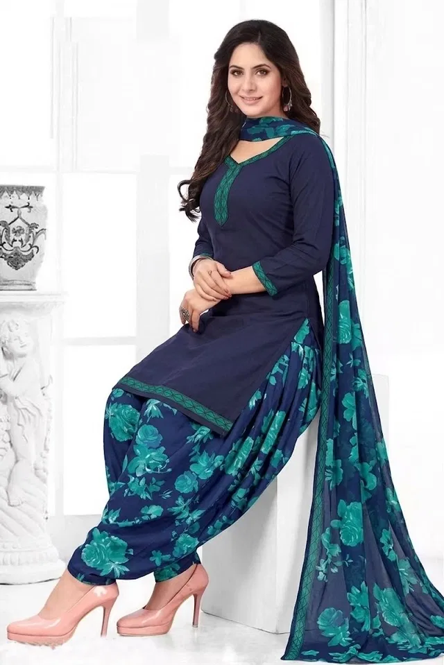 Punjabi Floral Suit for Women (Blue, Blue)