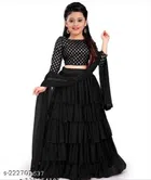 Net Solid Lehenga Choli with Dupatta for Girls (Black, 1-2 Years)