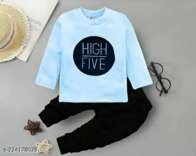 Hosiery Cotton Full Sleeves T-Shirt with Pant Clothing Set for Kids (Sky Blue & Black, 6-12 Months)