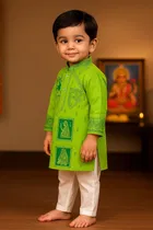 Cotton Printed Kurta with Payjama for Boys, Green & White 