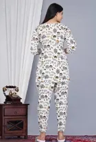 White Women's Printed Cotton Night Suit Set 